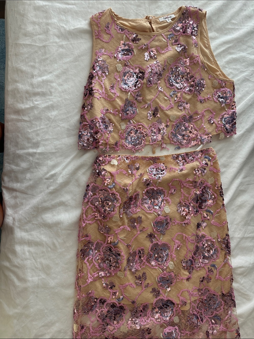 Sequin Floral Two-Piece Formal Dress in Pink on Nude